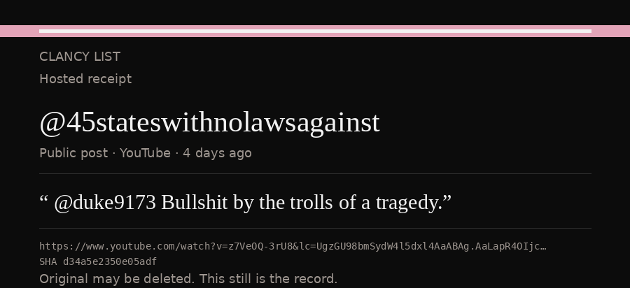 Hosted receipt of this public statement